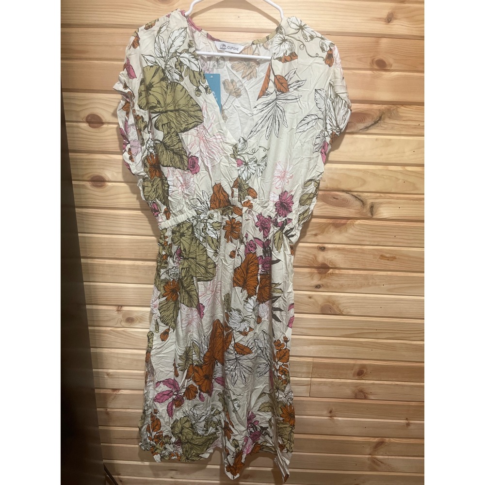 Cupshe Floral V-Neck Midi Dress Cream Green Orange Large CAA07B5C085GK NWT